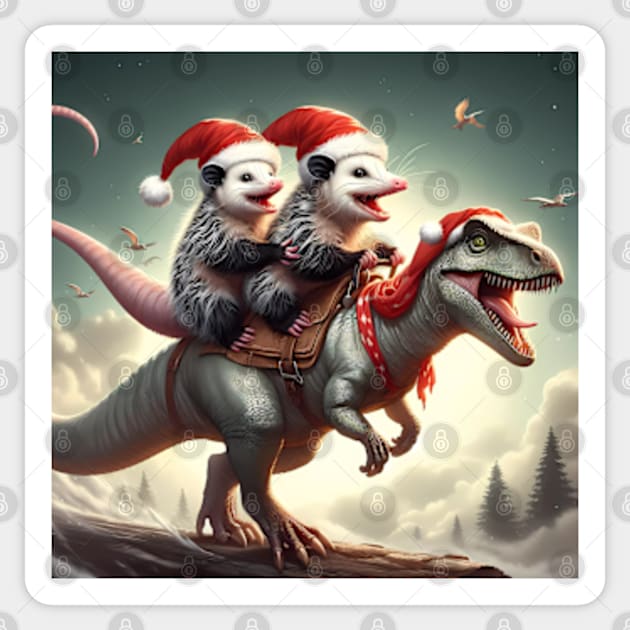 Two Santa opossums on an adventurous dinosaur trex ride Sticker by BrisaArtPrints